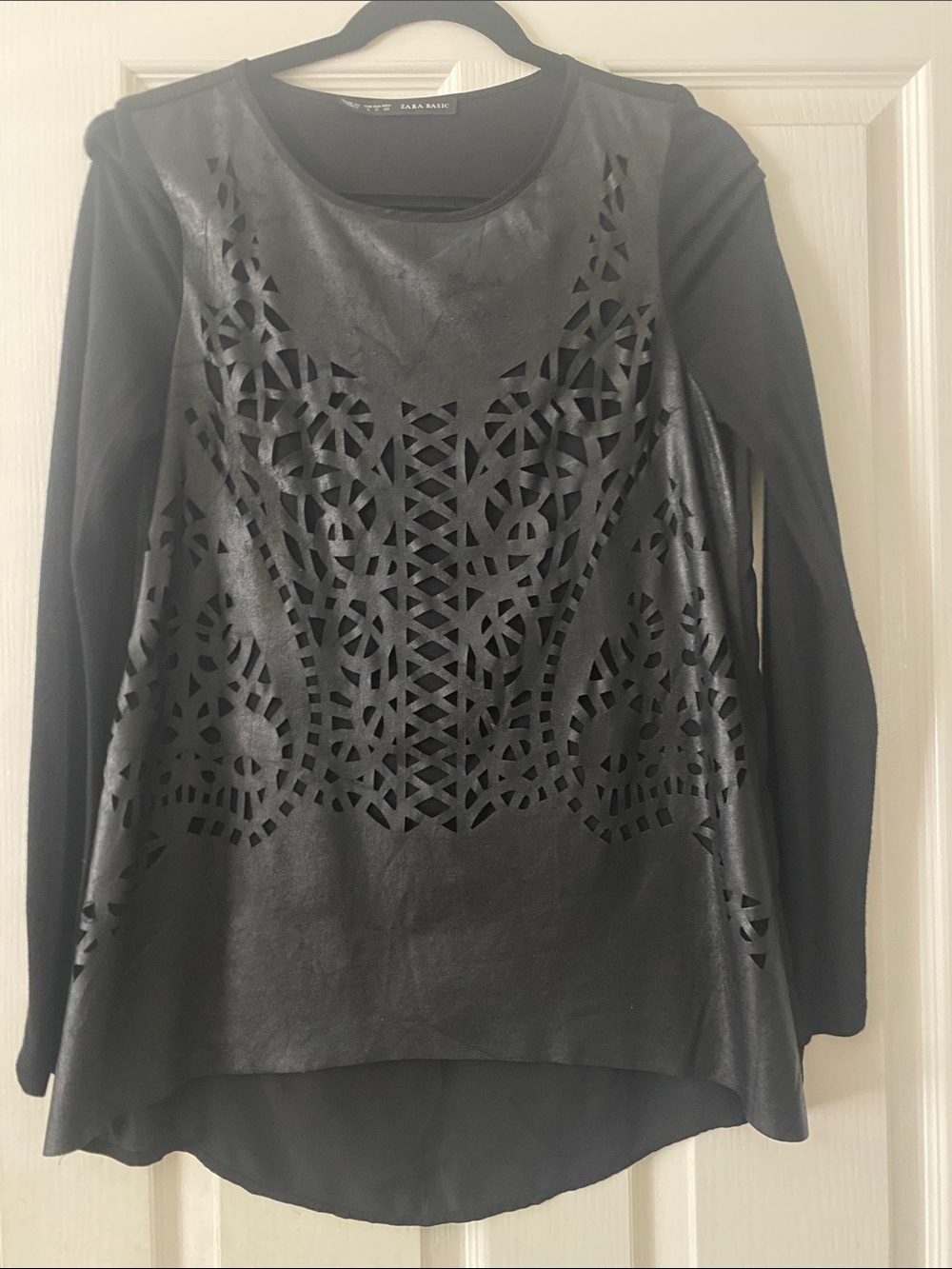 Zara Black Laser-Cut Faux Leather Long Sleeve Top